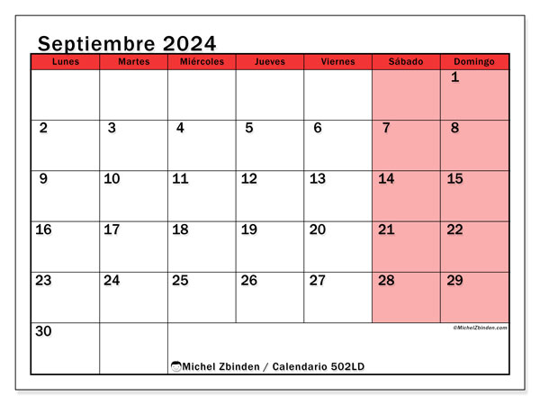Calendario septiembre 2024 “502”. Diario para imprimir gratis.. De lunes a domingo