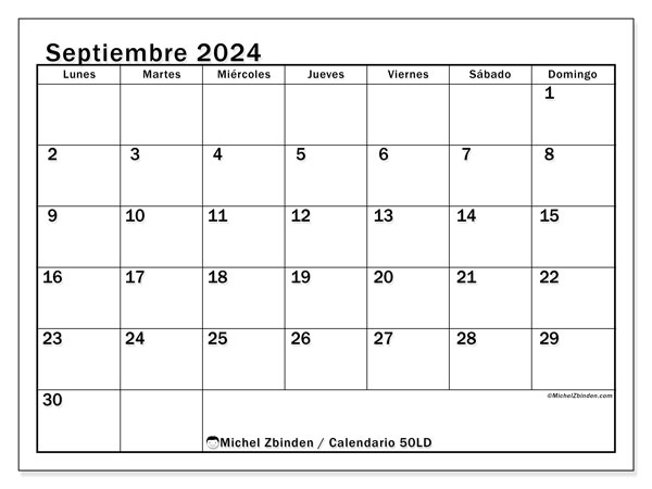 Calendario septiembre 2024 “50”. Horario para imprimir gratis.. De lunes a domingo