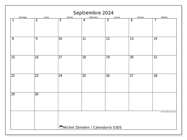 Calendario septiembre 2024 “53”. Programa para imprimir gratis.. De domingo a sábado