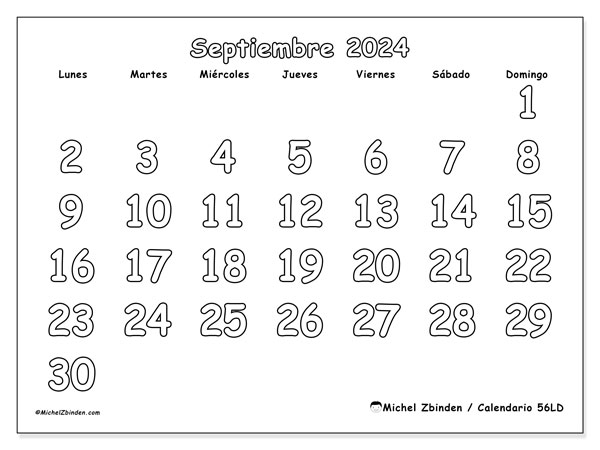 Calendario septiembre 2024, 56DS. Diario para imprimir gratis.