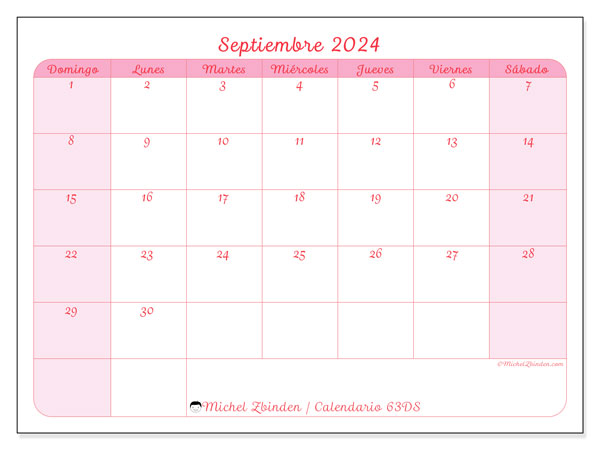 Calendario septiembre 2024 “63”. Calendario para imprimir gratis.. De domingo a sábado