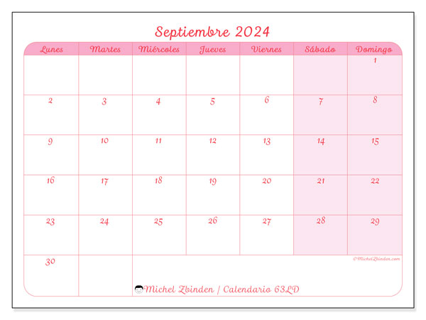 Calendario septiembre 2024 “63”. Calendario para imprimir gratis.. De lunes a domingo