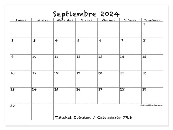 Calendario septiembre 2024 “77”. Calendario para imprimir gratis.. De lunes a domingo