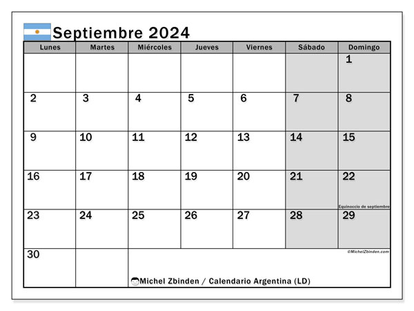 Calendário Setembro 2024 “Argentina”. Calendário gratuito para imprimir.. Segunda a domingo