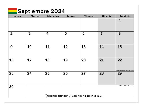 Bolivia (LD), calendario de septiembre de 2024, para su impresión, de forma gratuita.