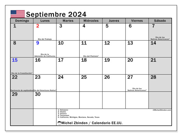Kalender september 2024, USA (ES). Gratis plan for utskrift.