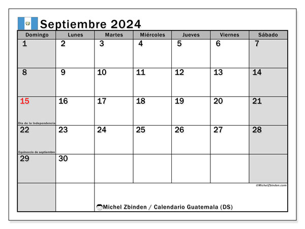 Calendario septiembre 2024 “Guatemala”. Programa para imprimir gratis.. De domingo a sábado