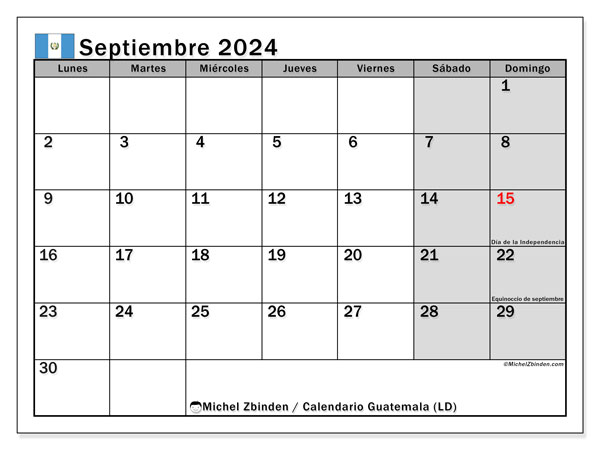 Calendario septiembre 2024 “Guatemala”. Programa para imprimir gratis.. De lunes a domingo