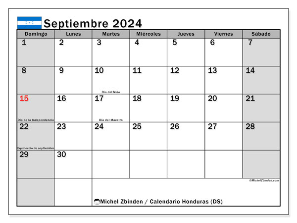 Honduras (DS), calendario de septiembre de 2024, para su impresión, de forma gratuita.