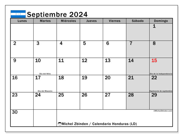 Calendario septiembre 2024 “Honduras”. Diario para imprimir gratis.. De lunes a domingo