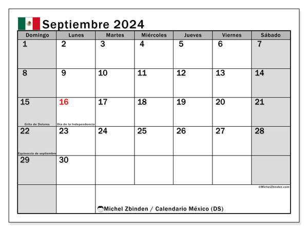 Calendário Setembro 2024 “México”. Calendário gratuito para imprimir.. Domingo a Sábado