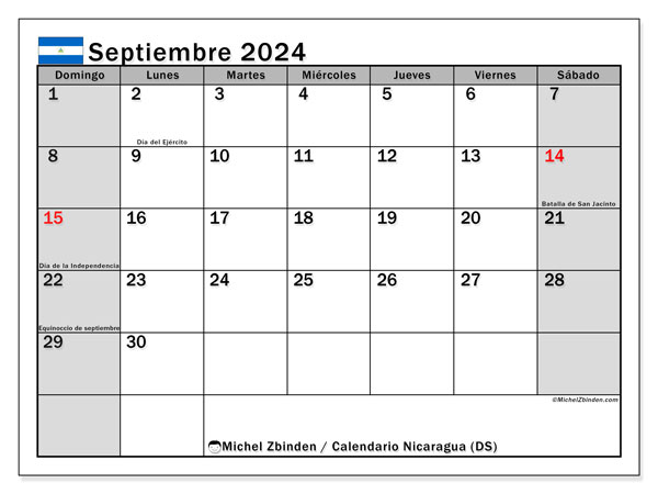 Calendario septiembre 2024, Nicaragua. Programa para imprimir gratis.