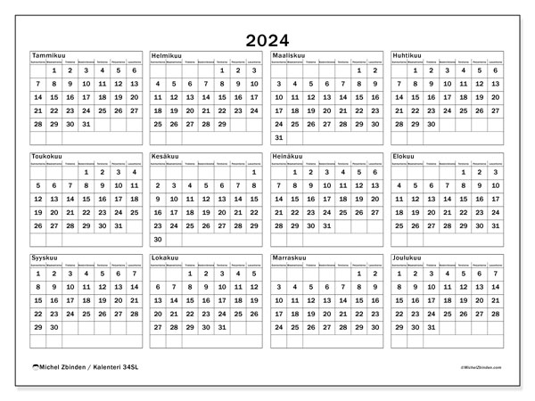 Kalenteri annuel 2024 “34”. Ilmainen tulostettava kartta.. Sunnuntaista lauantaihin