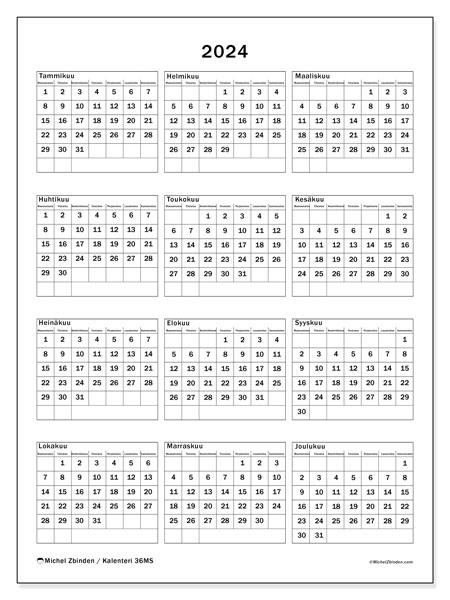 Kalenteri 2024, 36MS. Ilmainen tulostettava kalenteri.