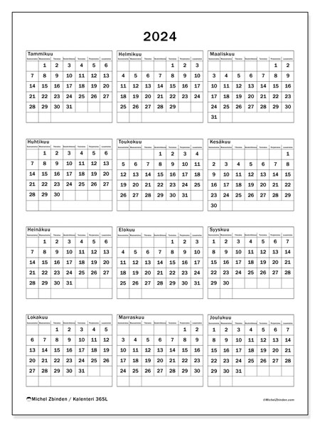 Kalenteri annuel 2024 “36”. Ilmainen tulostettava lehti.. Sunnuntaista lauantaihin
