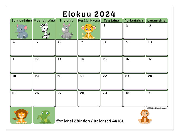 Kalenteri elokuu 2024 “441”. Ilmainen tulostettava kalenteri.. Sunnuntaista lauantaihin
