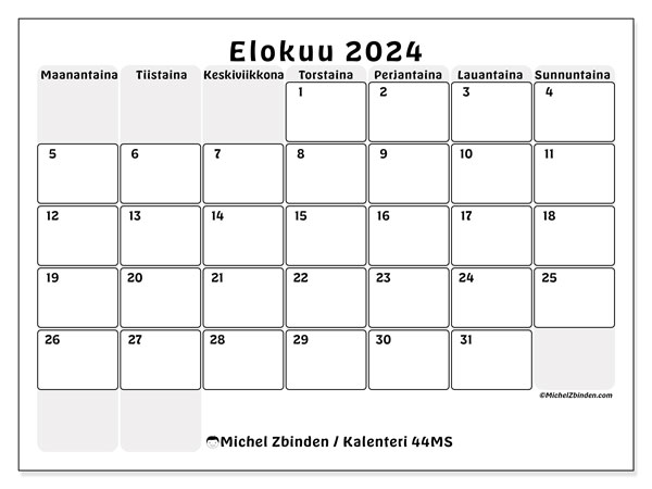 Kalenteri elokuu 2024 “44”. Ilmainen tulostettava kartta.. Maanantaista sunnuntaihin