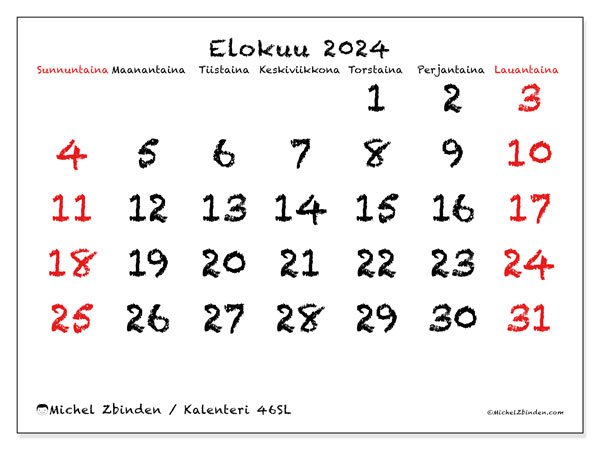 Kalenteri elokuu 2024 “46”. Ilmainen tulostettava aikataulu.. Sunnuntaista lauantaihin