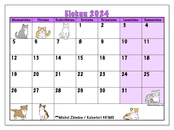 Kalenteri elokuu 2024 “481”. Ilmainen tulostettava aikataulu.. Maanantaista sunnuntaihin