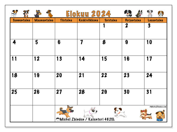 Kalenteri elokuu 2024 “482”. Ilmainen tulostettava kalenteri.. Sunnuntaista lauantaihin