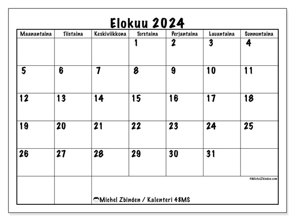 Kalenteri elokuu 2024 “48”. Ilmainen tulostettava kalenteri.. Maanantaista sunnuntaihin