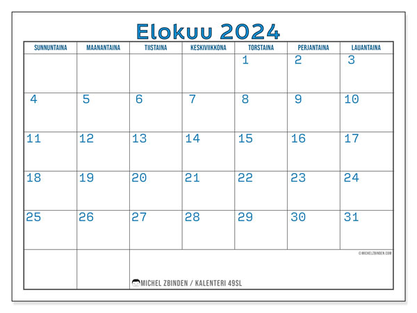 Tulostettava kalenteri, elokuu 2024, 49SL