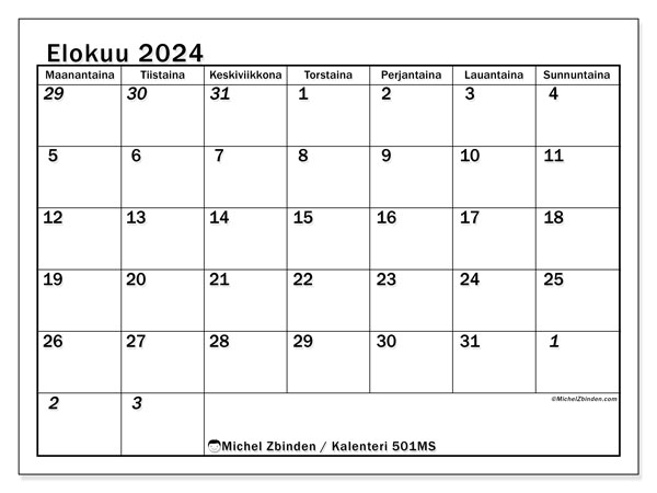 Kalenteri elokuu 2024 “501”. Ilmainen tulostettava kalenteri.. Maanantaista sunnuntaihin