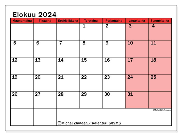 502MS, kalenteri elokuu 2024, tulostettavaksi, ilmainen.