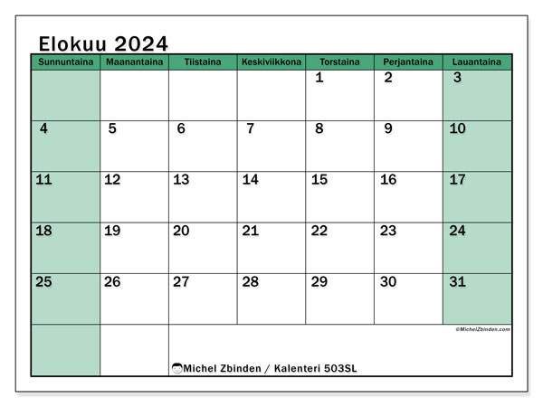 Kalenteri elokuu 2024 “503”. Ilmainen tulostettava aikataulu.. Sunnuntaista lauantaihin