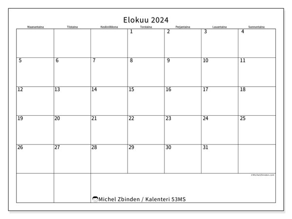 Kalenteri elokuu 2024 “53”. Ilmainen tulostettava kalenteri.. Maanantaista sunnuntaihin