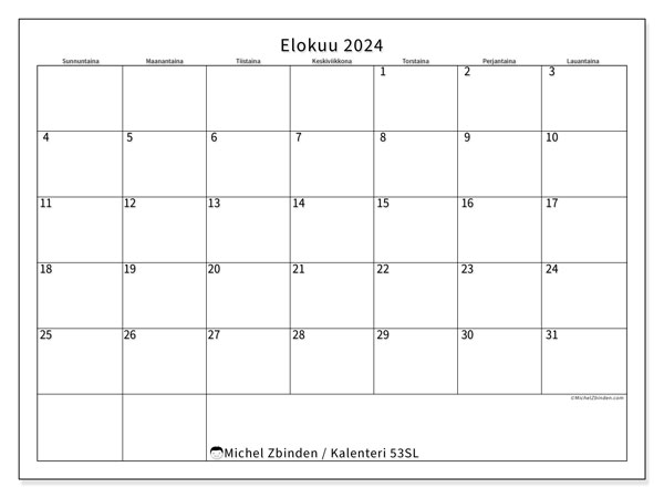 Kalenteri elokuu 2024 “53”. Ilmainen tulostettava kalenteri.. Sunnuntaista lauantaihin