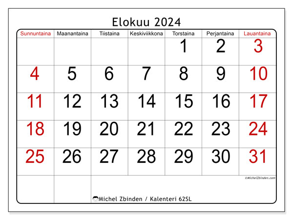 Kalenteri elokuu 2024 “62”. Ilmainen tulostettava kalenteri.. Sunnuntaista lauantaihin