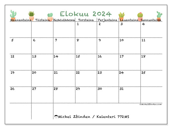 Kalenteri elokuu 2024 “772”. Ilmainen tulostettava kartta.. Maanantaista sunnuntaihin