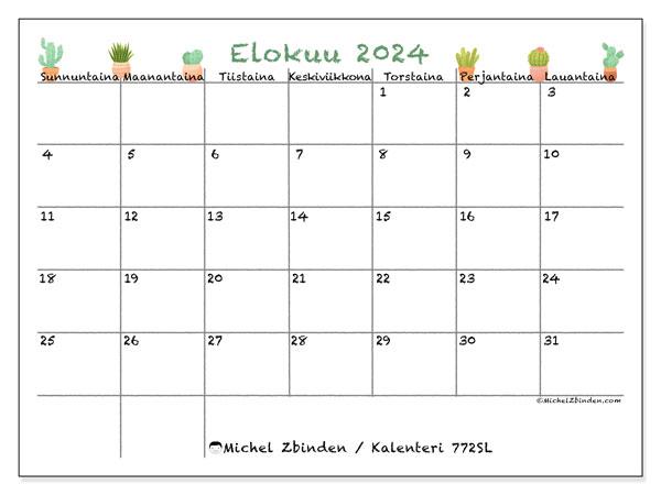 Kalenteri elokuu 2024 “772”. Ilmainen tulostettava kartta.. Sunnuntaista lauantaihin