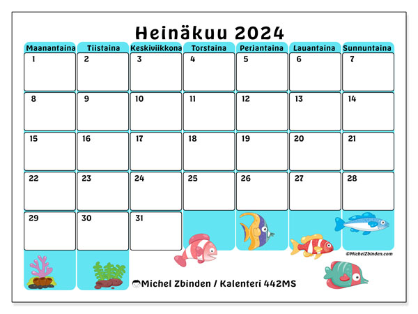 Kalenteri heinäkuu 2024 “442”. Ilmainen tulostettava ohjelma.. Maanantaista sunnuntaihin