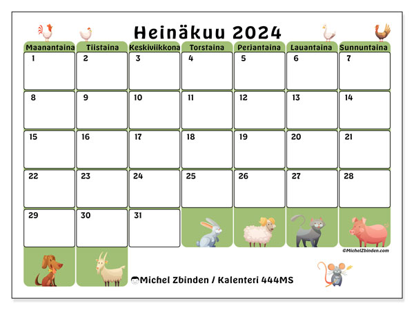 Kalenteri heinäkuu 2024 “444”. Ilmainen tulostettava kalenteri.. Maanantaista sunnuntaihin