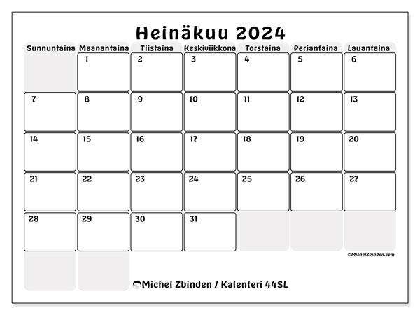 Kalenteri heinäkuu 2024 “44”. Ilmainen tulostettava ohjelma.. Sunnuntaista lauantaihin