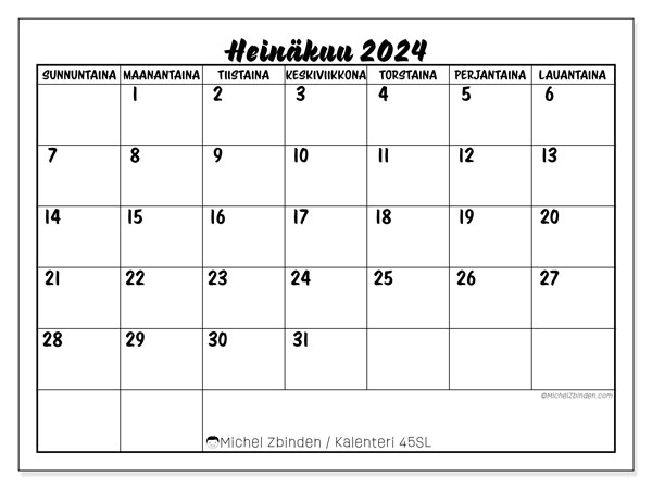 Kalenteri heinäkuu 2024 “45”. Ilmainen tulostettava lehti.. Sunnuntaista lauantaihin