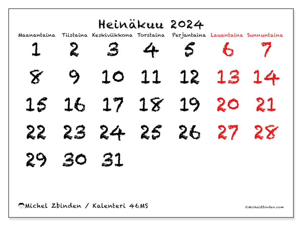 Kalenteri heinäkuu 2024 “46”. Ilmainen tulostettava lehti.. Maanantaista sunnuntaihin