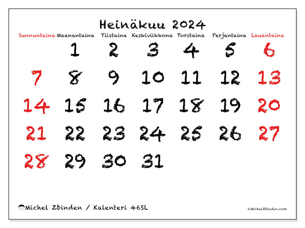 Kalenteri heinäkuu 2024 “46”. Ilmainen tulostettava lehti.. Sunnuntaista lauantaihin