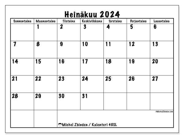 Kalenteri heinäkuu 2024 “48”. Ilmainen tulostettava kartta.. Sunnuntaista lauantaihin