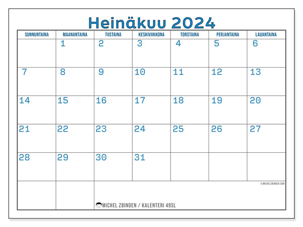 Kalenteri heinäkuu 2024 “49”. Ilmainen tulostettava aikataulu.. Sunnuntaista lauantaihin