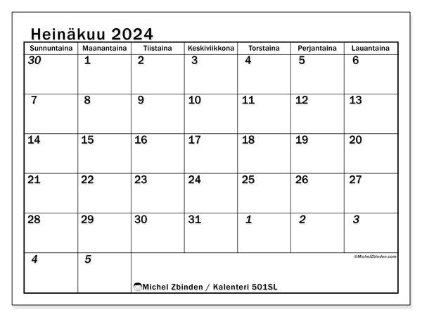 Kalenteri heinäkuu 2024 “501”. Ilmainen tulostettava kartta.. Sunnuntaista lauantaihin