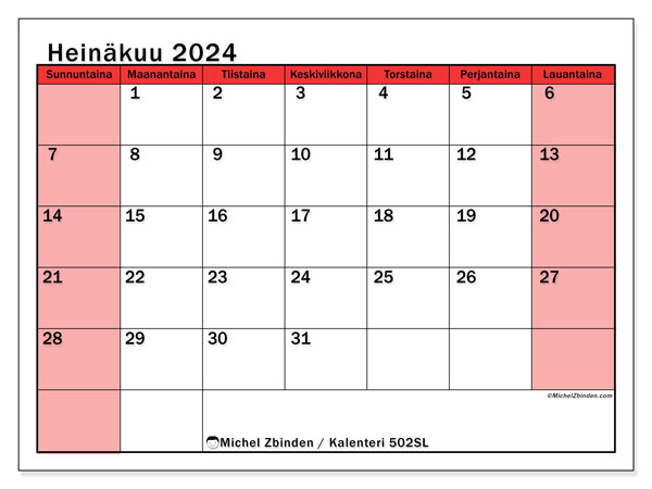 Kalenteri heinäkuu 2024 “502”. Ilmainen tulostettava ohjelma.. Sunnuntaista lauantaihin