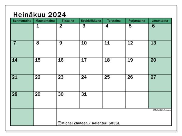 Kalenteri heinäkuu 2024 “503”. Ilmainen tulostettava lehti.. Sunnuntaista lauantaihin