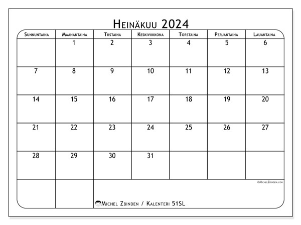 Kalenteri heinäkuu 2024 “51”. Ilmainen tulostettava kartta.. Sunnuntaista lauantaihin
