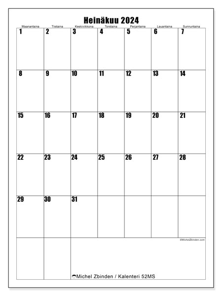 Kalenteri heinäkuu 2024 “52”. Ilmainen tulostettava aikataulu.. Maanantaista sunnuntaihin