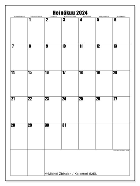 Kalenteri heinäkuu 2024 “52”. Ilmainen tulostettava aikataulu.. Sunnuntaista lauantaihin