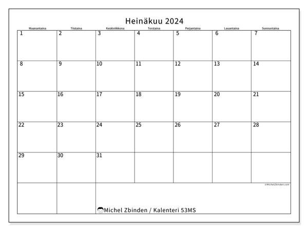 Kalenteri heinäkuu 2024 “53”. Ilmainen tulostettava kalenteri.. Maanantaista sunnuntaihin