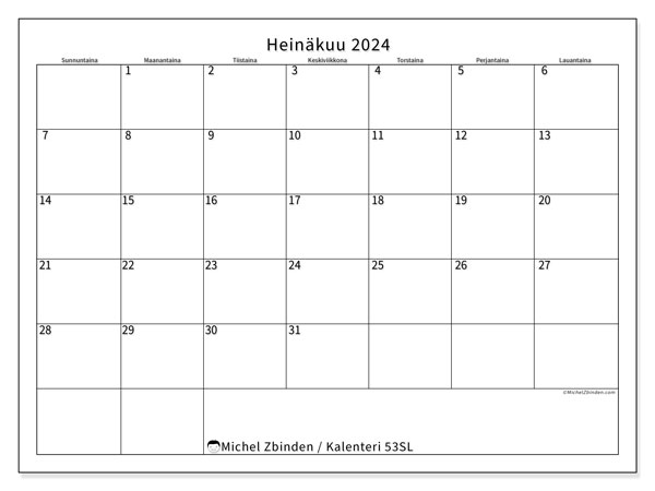 Kalenteri heinäkuu 2024 “53”. Ilmainen tulostettava kalenteri.. Sunnuntaista lauantaihin